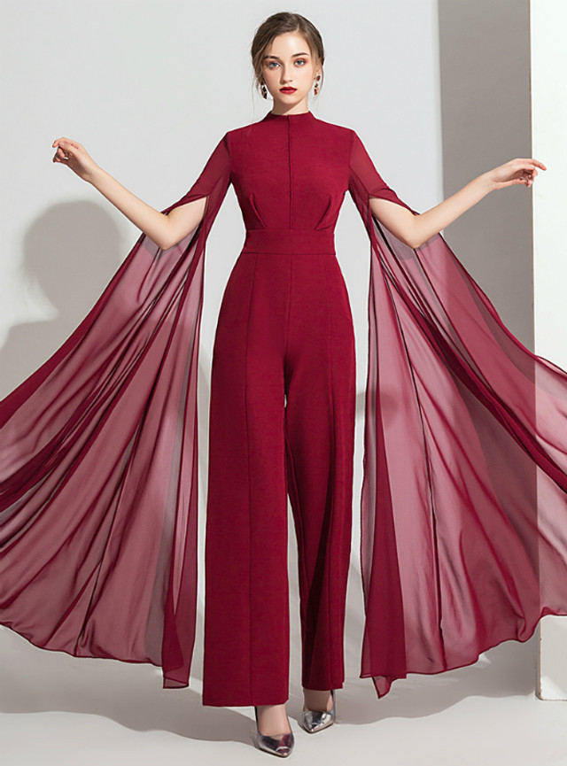 Burgundy Polyester Chiffon Party Jumpsuits Trouser Skirt