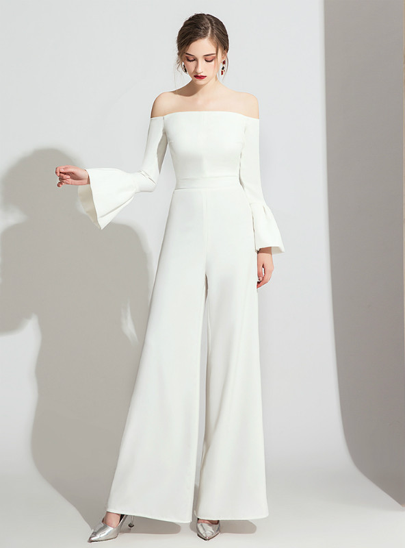 White Off the Shoulder Long Sleeve Party Jumpsuits