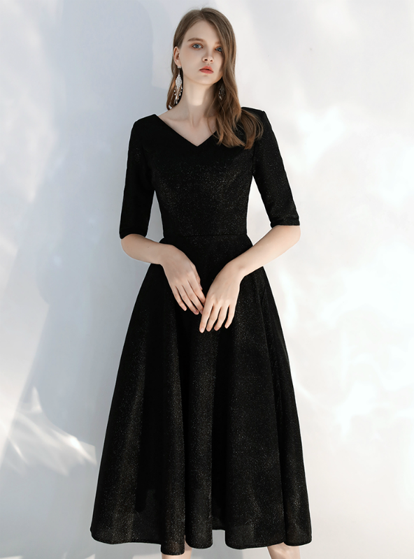 Simple V Neck Open Back Black Tea Length Prom Dress