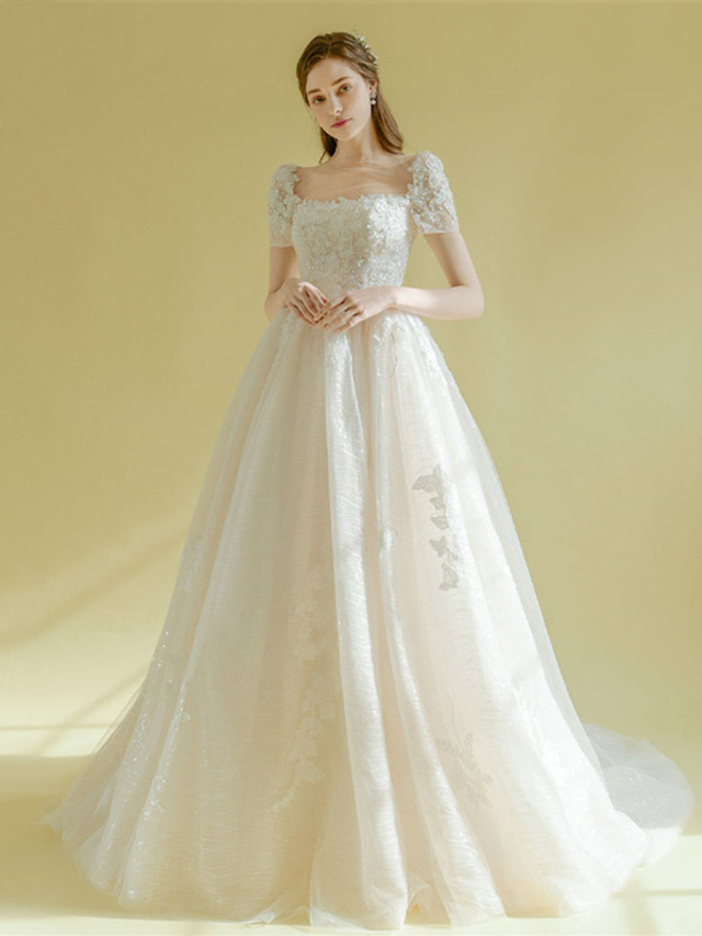 Short Sleeves Tulle Square Neck A Line Lace Up Wedding Dress