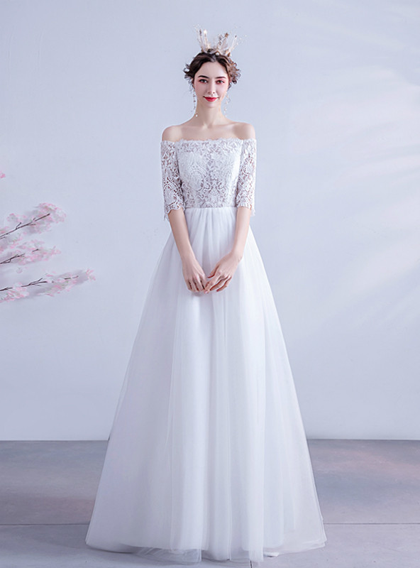 In Stock:Ship in 48 Hours White Tulle Lace Short Sleeve Wedding Dress
