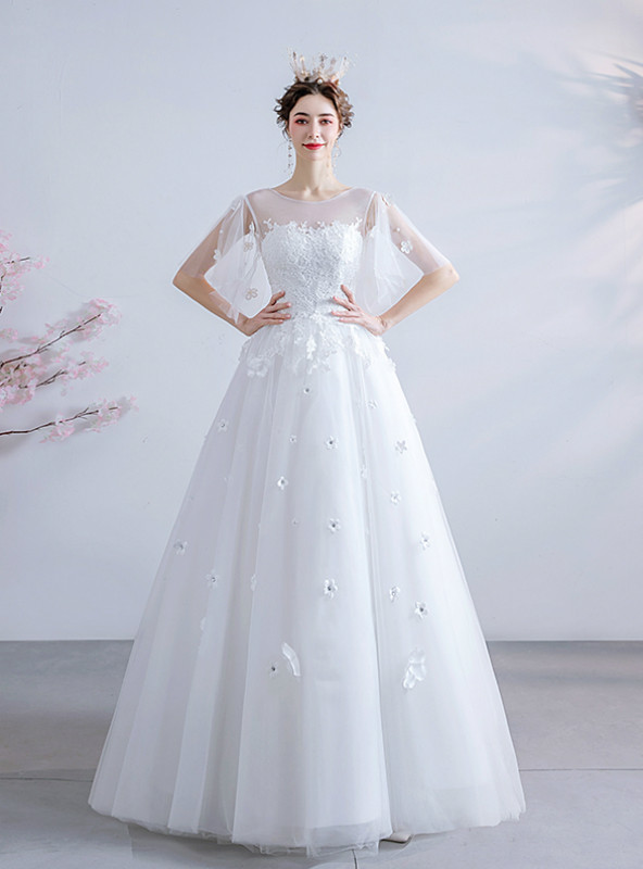 In Stock:Ship in 48 Hours White Tulle Appliques Bateau Wedding Dress In Stock:Ship in 48 Hours White Tulle Appliques Bateau Wedding Dress