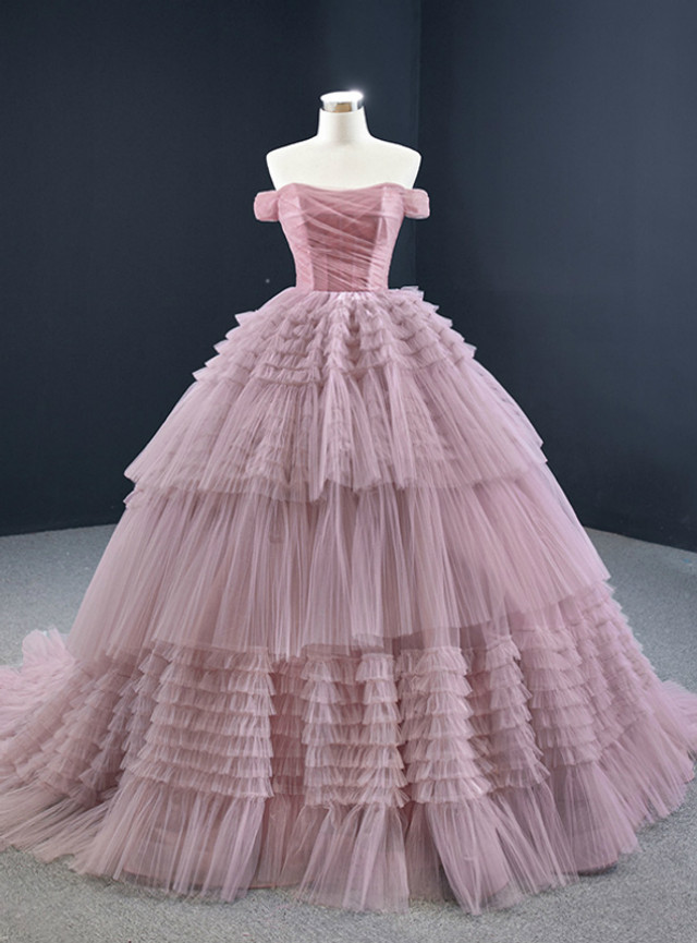 Pink Ball Gown Tulle Off the Shoulder Pleats Prom Dress 2020