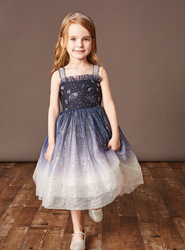 Navy Blue Tulle Straps Sequins Tea Length Flower Girl Dress Navy Blue Tulle Straps Sequins Tea Length Flower Girl Dress