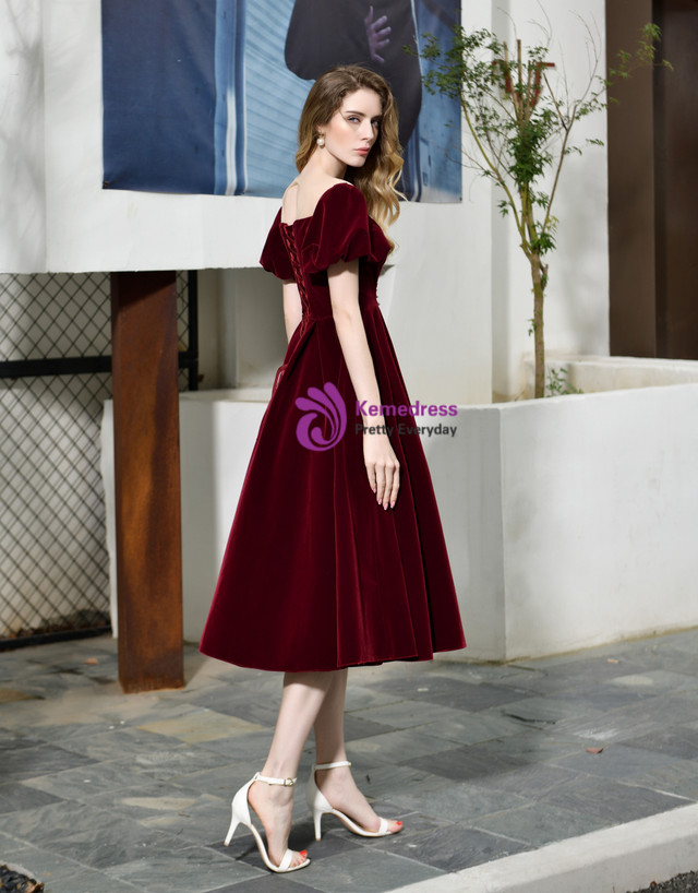 Burgundy Velvet A Line Puff Sleeve Backless Beading Long Prom Dress,Evening Dress GG494