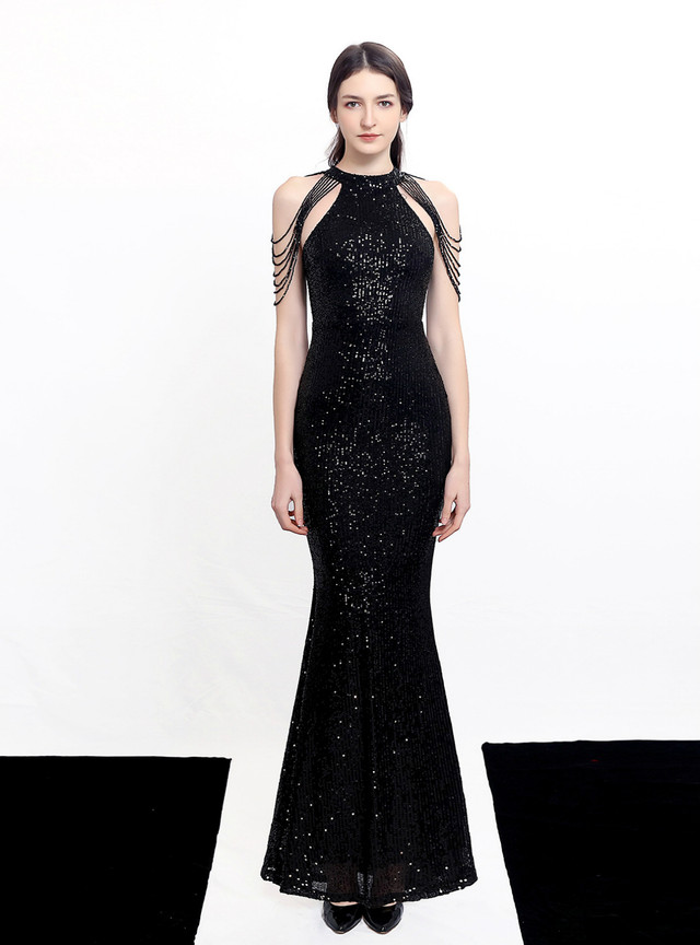 29845 Black Sequins Detail Mermaid Dress