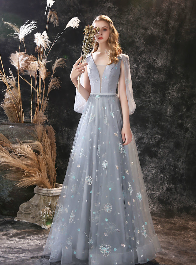 Gray Dandelion Lace V-neck Beading Back Prom Dress Gray Dandelion Lace V-neck Beading Back Prom Dress