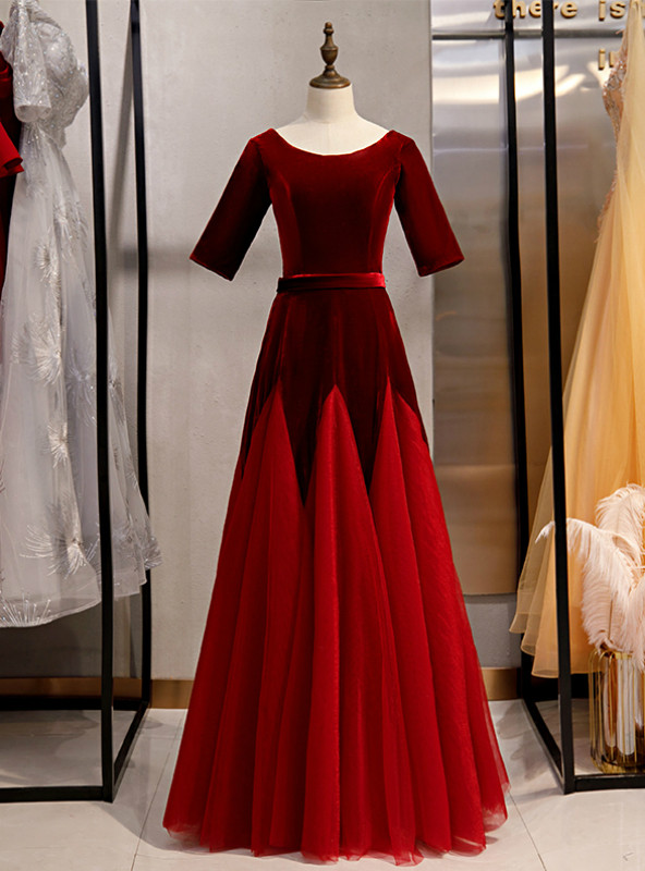Tulle Velvet Short Sleeve Square Pearls Prom Dress,DP24592 main image 1