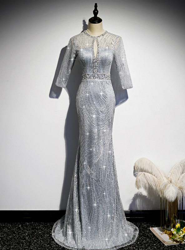 Glamorous Silver Sequins Mermaid Evening Dress with Long Sleeves and Side Slit main image 1