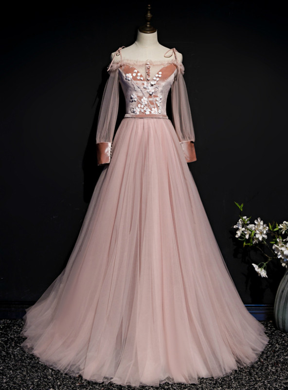 Pink Tulle Appliques A-line Long Evening Prom Dresses, Custom Spaghetti Straps Prom Dress, YD0161 main image 0