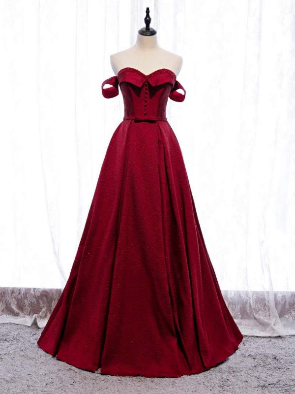 Burgundy Off The Shoulder Flowers Satin Prom Dress