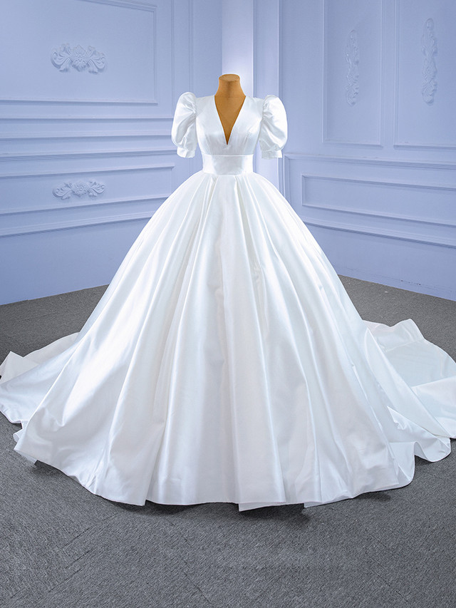 Ball Gown Square Neck White Satin Wedding Dresses VK0731117