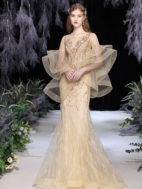 Gray Mermaid Tulle Embroidery Spagehtti Straps Pearls Formal Prom Dress