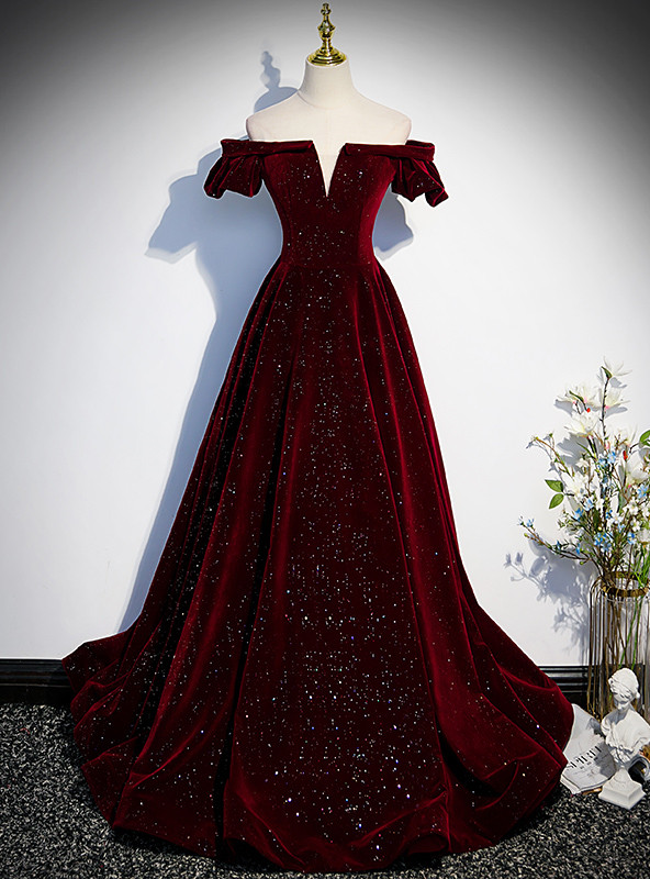 A-line Off-the-Shoulder Glitter Velvet Burgundy Floor Length Prom Dress main image 1
