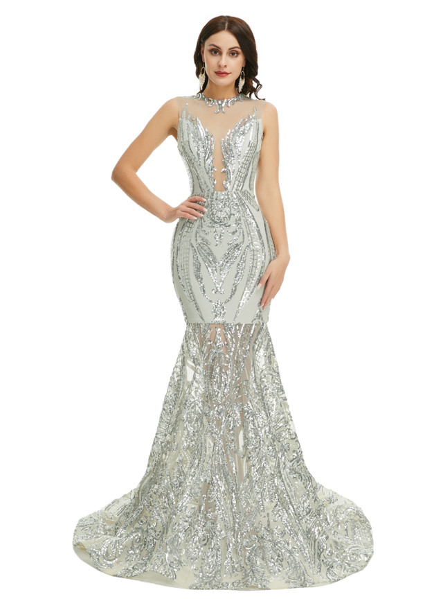 Silver Gray Mermaid Sequins See-through Prom Dress Silver Gray Mermaid Sequins See-through Prom Dress
