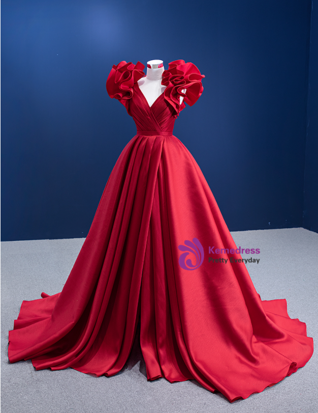 Satin Sleeveless V-neck Ruched Floor-Length Red Prom Dresses