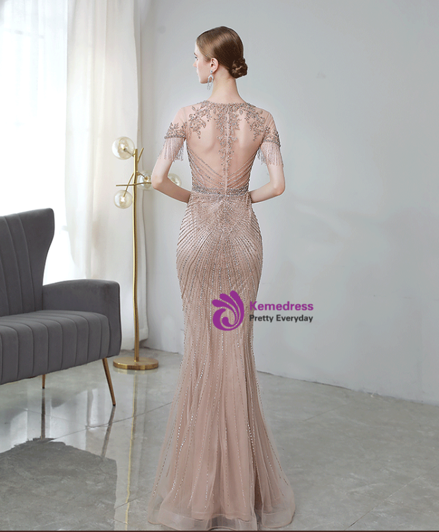 Crystal Trim Structured Bodice Lace-Up Back Dress Champagne main image 1