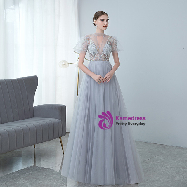 Grey Ilusion Neck Bead Top  Prom Dress main image 1