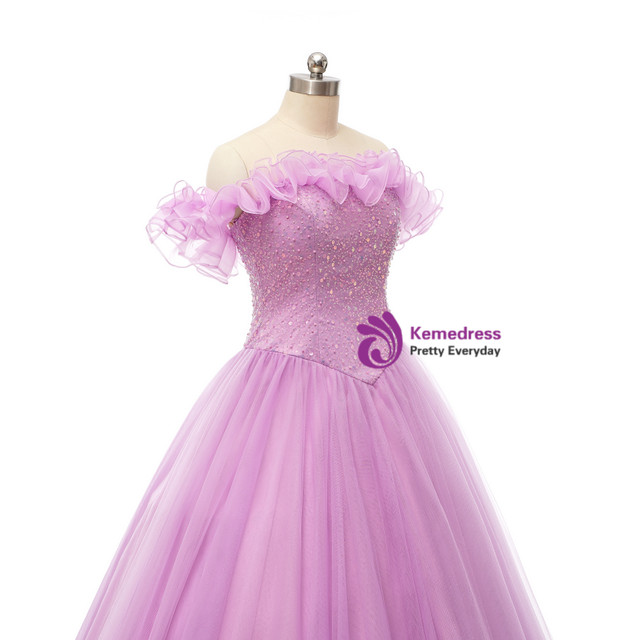 Cute Ball Gown Strapless Lavender Tulle Prom Dresses with Appliques VK24102404