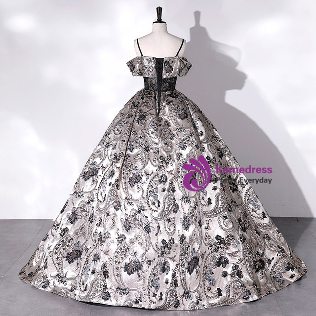 Pretty Spaghetti Straps 3D Flowers Adorned Court Train Quinceanera Ball Gown Lace Inside Y1247