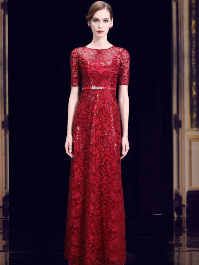 Burgundy Off Shoulder Sequins Bowknot Side Slit A-Line Mother of the Bride Dress