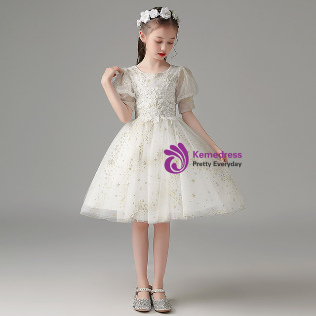 Puffy Sequin Tea-Length Flower Girl Dress White