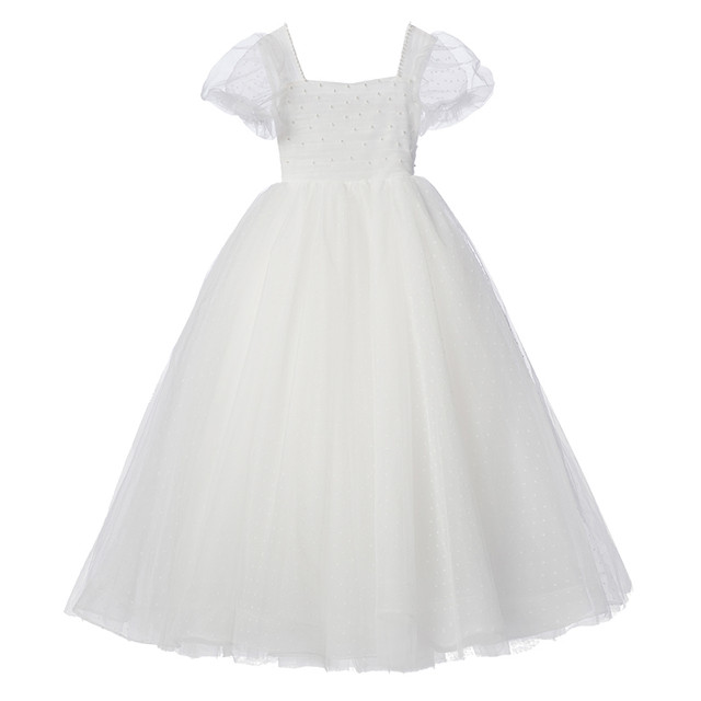 Off-the-Shoulder Tulle Flower Girl Dresses with Pearls