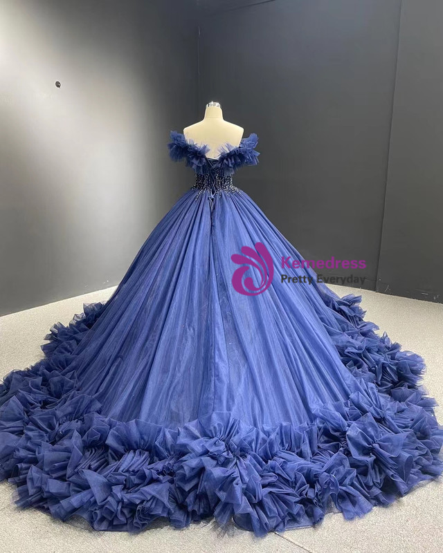Navy Blue Tulle Beaded Gorgeous Ball Gown Evening Gowns, Sweet 16 Dresses, Formal Gown main image 1