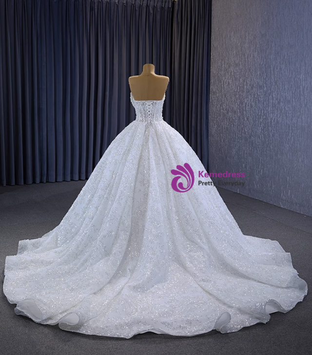 White Ball Gown Sequins Beading Wedding Dress