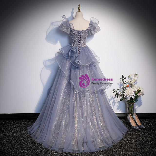 Blue Tulle Sequins Puff Sleeve Beading Formal Prom Dress main image 0