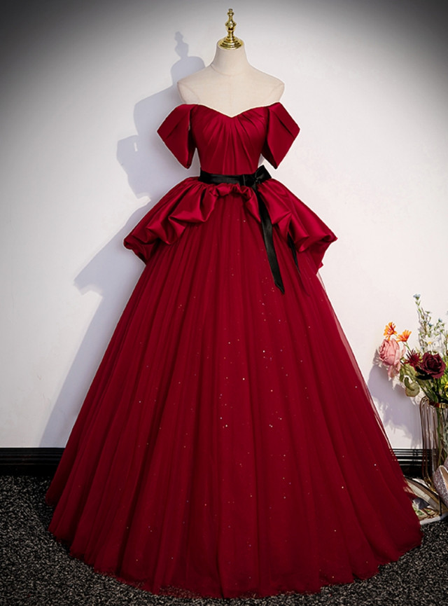 Burgundy Satin Tulle Off The Shoulder Prom Dress