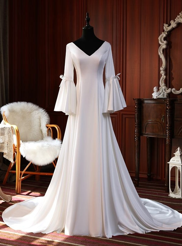 Modern Long White Wedding Dress Hight Split Sleeveless V-neck Satin Bridal Gowns