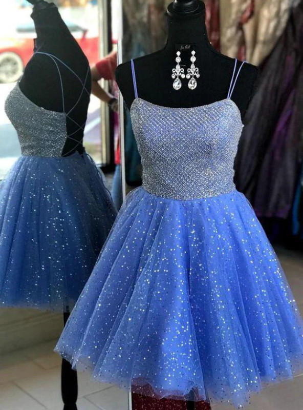 Sexy Homecoming Dresses Spaghetti Straps A Line Tulle & Sequin Open Back
