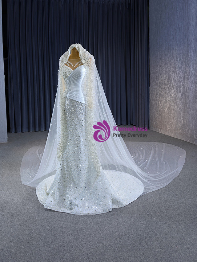 White Mermaid Long Sleeve Sequins Pearls Wedding Dresses main image 0