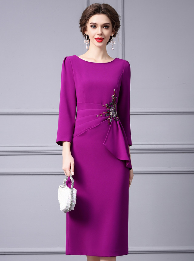 Dark Purple Beaded A Line Mother of the Bride Dress with Long Sleeves