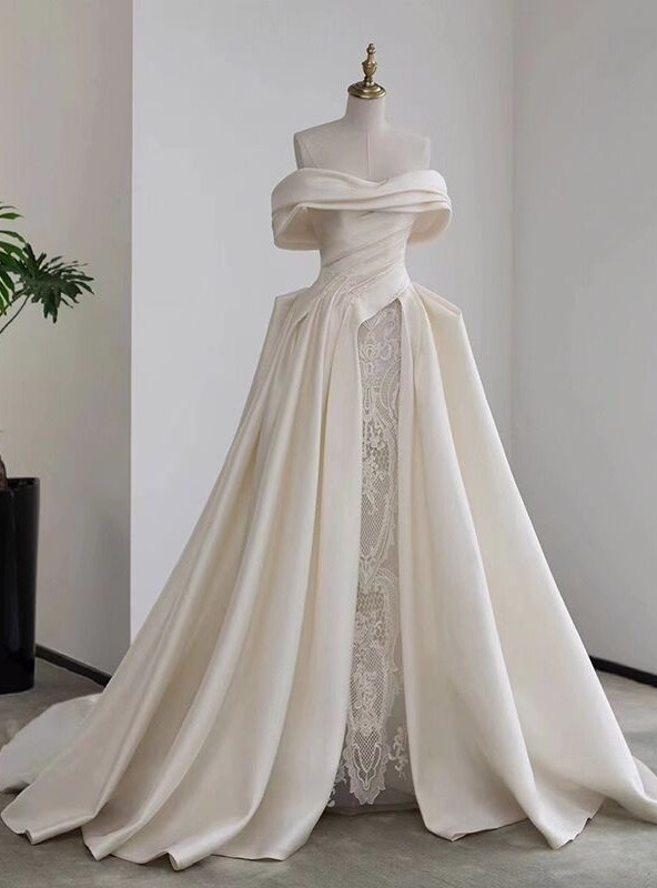 White Satin Off the Shoulder Hand Work Flower Wedding Dress