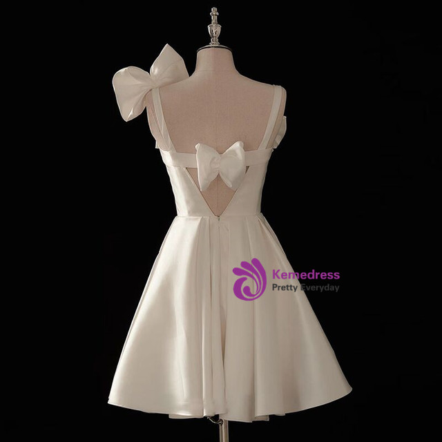 White Satin Straps Bow Short Wedding Dress main image 0