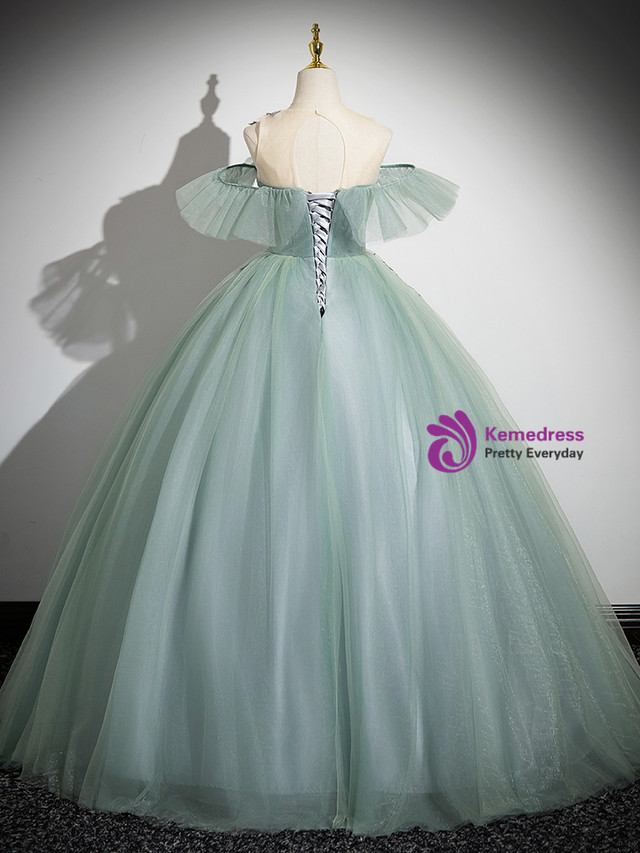 Charming Green Off The Shoulder Tulle Appliques Formal Quinceanera Dress Ball Gown SP2162