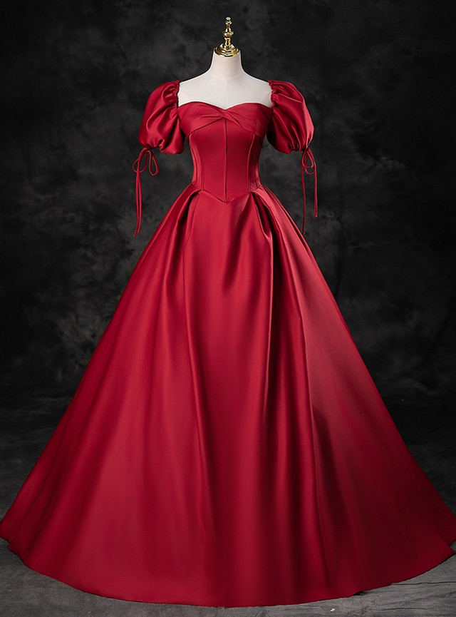 Burgundy Satin Puff Sleeve Strapless Quinceanera Dress main image 1