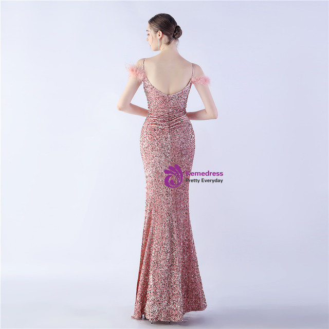 Sexy Party Sequins Zipper Feather Hemline Halter Evening Dresses