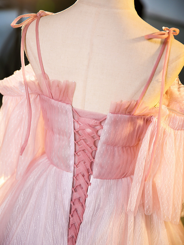 Pink Tulle Spaghetti Straps Long Sleeve Beading Quinceanera Dress main image 1