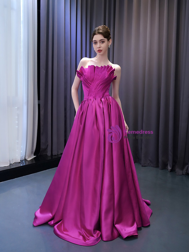Elegant Strapless Fuchsia Satin Long Prom Dress,Fuchsia Evening Gown Y2254 main image 1