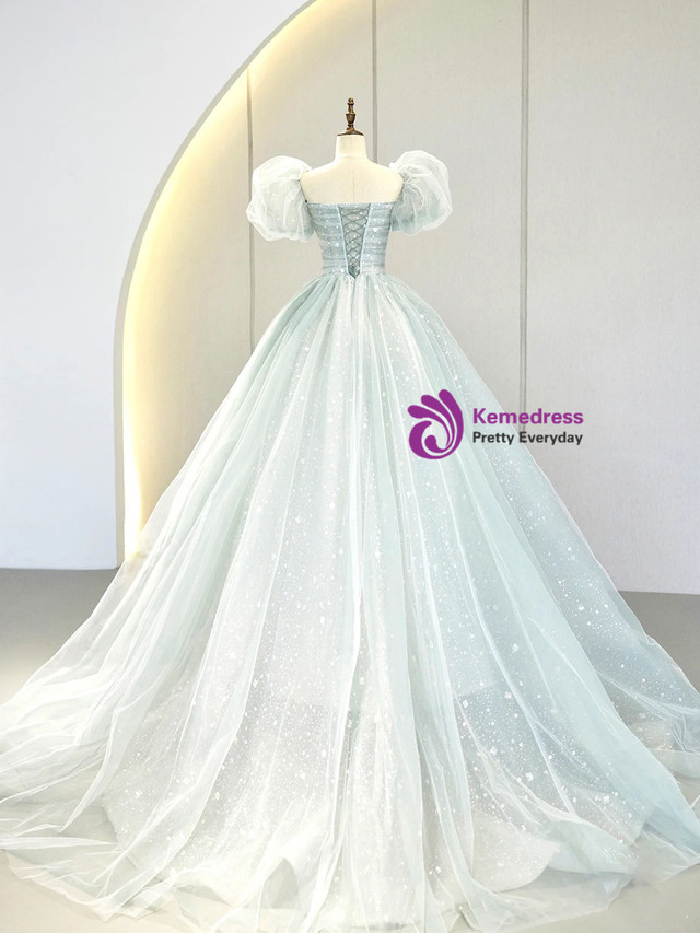 Tea Length Light Blue Prom Dress with Puffy Squins Sleeves main image 1