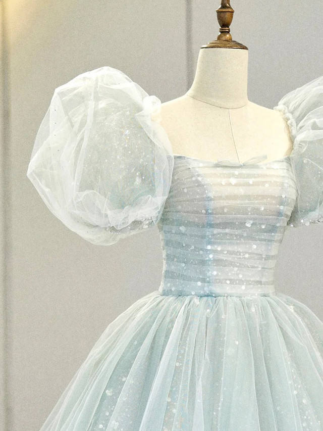 Tea Length Light Blue Prom Dress with Puffy Squins Sleeves