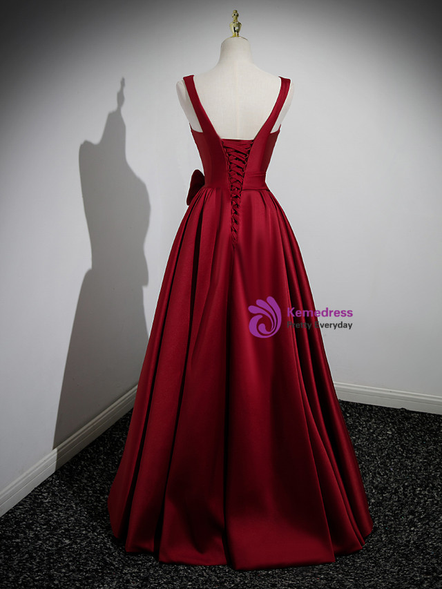 Fashion Burgundy Strapless Satin Flowers Slit Long Party Dress Formal Wedding Guest Dress SP2062