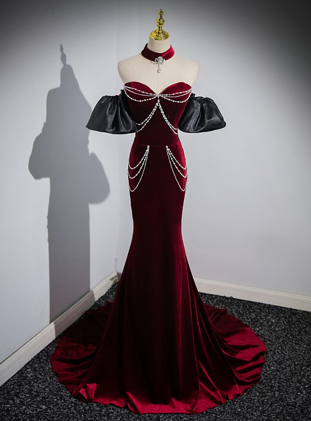 Beaded Sweetheart Neck Mermaid Slit Dress Burgundy main image 1