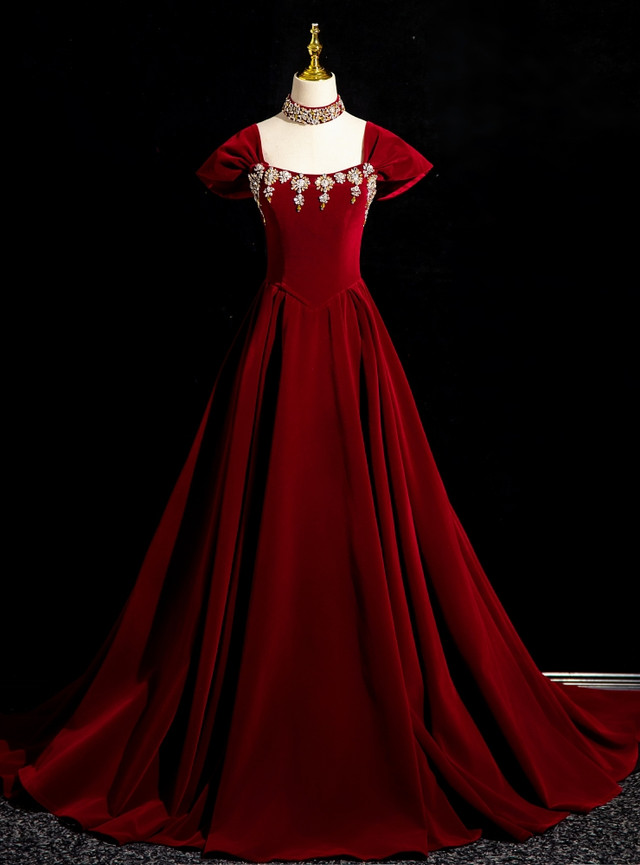 Black Rhinestone Bow Velvet Prom Dress Prom Dresses With Gloves main image 1