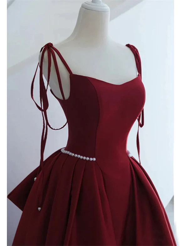 Burgundy Satin Ruched Prom Dress,Spaghetti Strap Tiered  Evening Gown Formal Dress main image 1