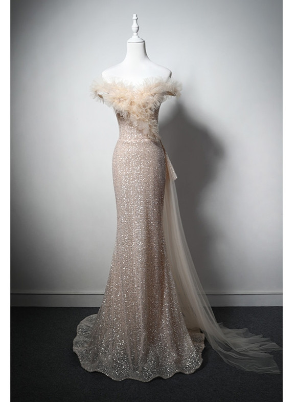 Pink Mermaid Tulle Sequins Off the Shoulder Prom Dress