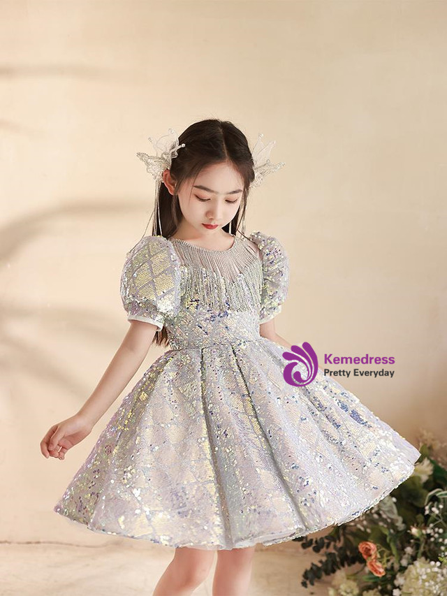 Cute A-Line Bow Short Flower Girl Dress Silver